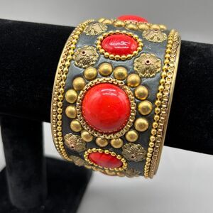 Boho Brass Cuff Bracelet Faux Coral Resin Cabochons Artisan Wide Tribal Style
